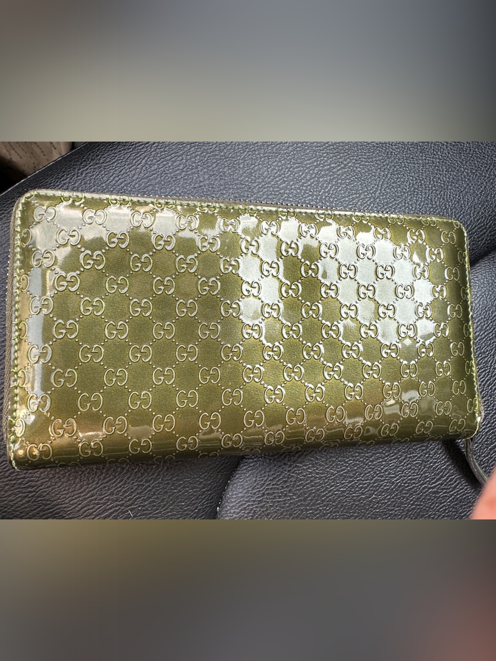 Gucci GG Logo Zip Around Monogram Wallet in Olive Patent Leather guaranteed with